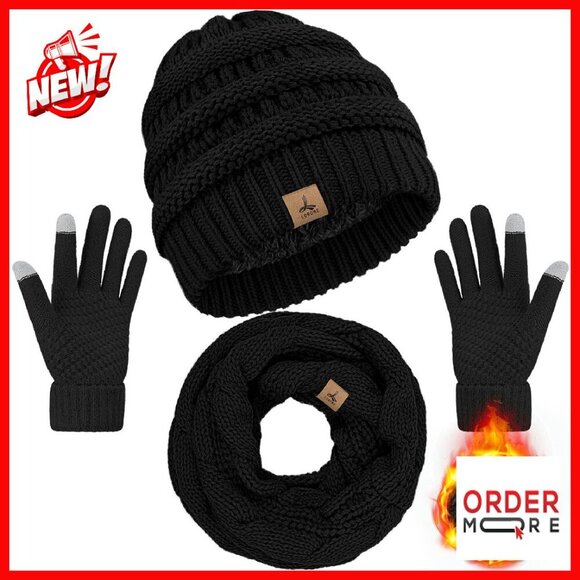 Warm Fleece Knit Beanie Scarf Gloves Set Touch Screen Winter Accessories
